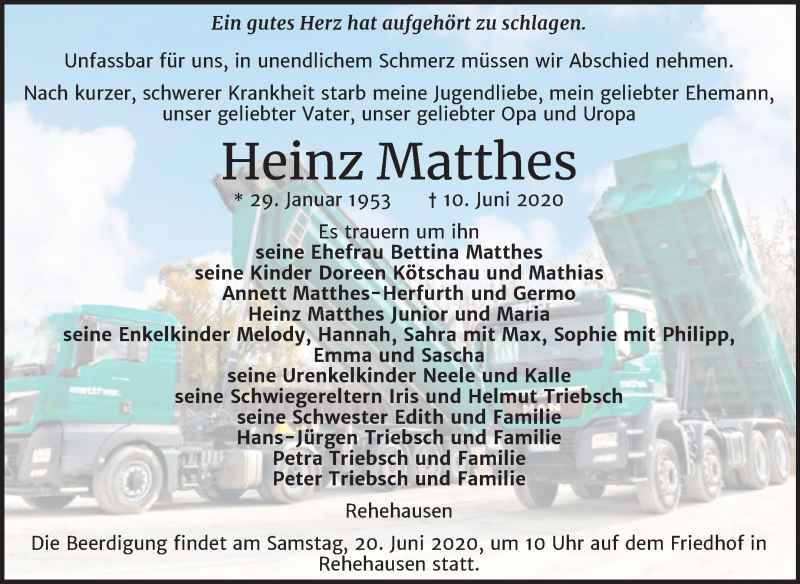  Traueranzeige für Heinz Matthes vom 13.06.2020 aus Mitteldeutsche Zeitung Naumburg/Nebra