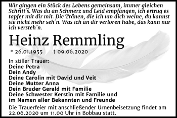 Traueranzeige von Heinz Remmling von Wochenspiegel Bitterfeld