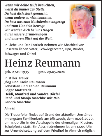 Traueranzeige von Heinz Reumann von Mitteldeutsche Zeitung Naumburg/Nebra