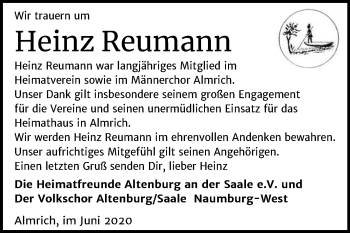 Traueranzeige von Heinz Reumann von Wochenspiegel Naumburg/Nebra