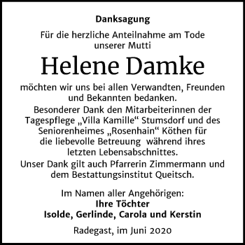 Traueranzeige von Helene Damke von Mitteldeutsche Zeitung Köthen