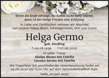 Traueranzeige von Helga Germo von Mitteldeutsche Zeitung Halle/Saalkreis