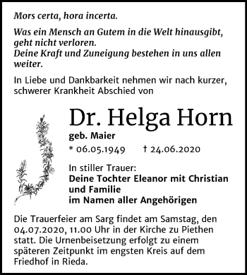 Traueranzeige von Helga Horn von Mitteldeutsche Zeitung Köthen
