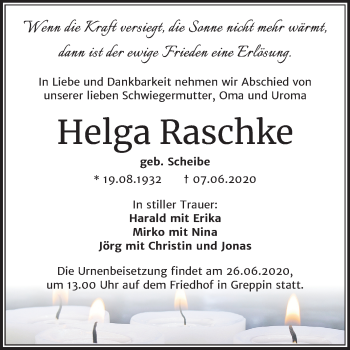 Traueranzeige von Helga Raschke von Wochenspiegel Bitterfeld