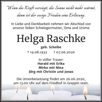 Traueranzeige von Helga Raschke von Mitteldeutsche Zeitung Bitterfeld
