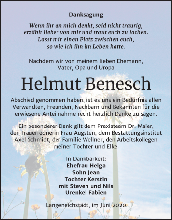 Traueranzeige von Helmut Benesch von Super Sonntag Merseburg/Querfurt