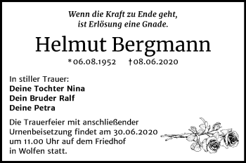 Traueranzeige von Helmut Bergmann von Wochenspiegel Bitterfeld