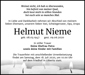Traueranzeige von Helmut Nieme von Wochenspiegel Bitterfeld