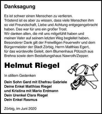 Traueranzeige von Helmut Riegel von Mitteldeutsche Zeitung Bitterfeld