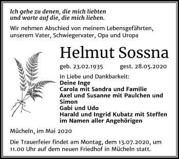 Traueranzeige von Helmut Sossna von Super Sonntag Merseburg/Querfurt