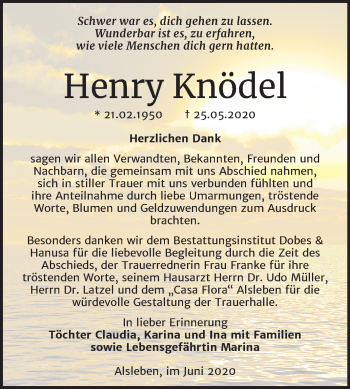Traueranzeige von Henry Knödel von Super Sonntag Bernburg