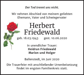 Traueranzeige von Herbert Friedewald von Mitteldeutsche Zeitung Quedlinburg