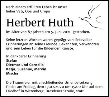 Traueranzeige von Herbert Huth von Mitteldeutsche Zeitung Wittenberg