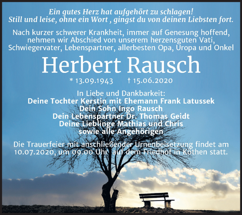  Traueranzeige für Herbert Rausch vom 27.06.2020 aus Super Sonntag Köthen