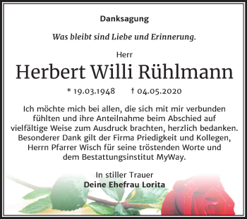 Traueranzeige von Herbert Willi Rühlmann von Wochenspiegel Weißenfels
