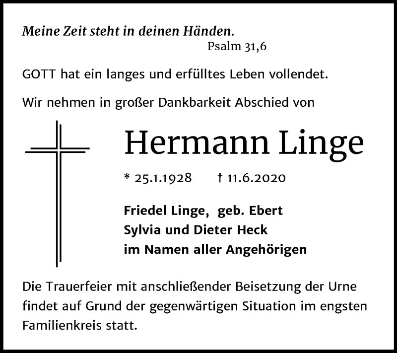  Traueranzeige für Hermann Linge vom 20.06.2020 aus Mitteldeutsche Zeitung Bitterfeld