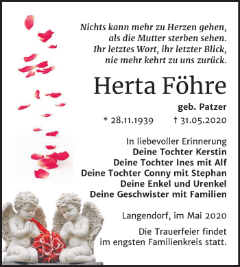 Traueranzeige von Herta Föhre von Wochenspiegel Weißenfels