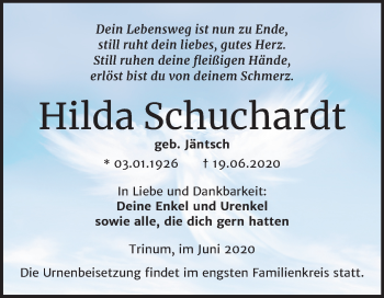 Traueranzeige von Hilda Schuchardt von Mitteldeutsche Zeitung Köthen