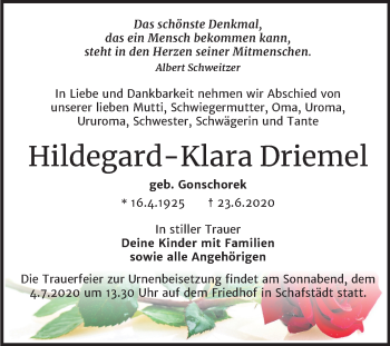 Traueranzeige von Hildegard-Klara Driemel von Super Sonntag Merseburg/Querfurt