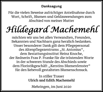 Traueranzeige von Hildegard Machemehl von Mitteldeutsche Zeitung Aschersleben