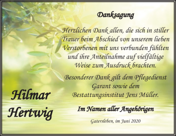 Traueranzeige von Hilmar Hertwig von Mitteldeutsche Zeitung Aschersleben