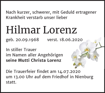 Traueranzeige von Hilmar Lorenz von Mitteldeutsche Zeitung Bernburg