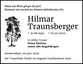 Traueranzeige von Hilmar Traunsberger von Mitteldeutsche Zeitung Aschersleben