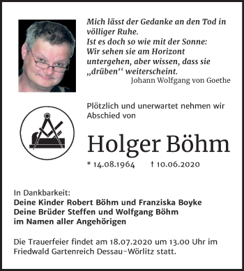 Traueranzeige von Holger Böhm von Super Sonntag Dessau-Roßlau