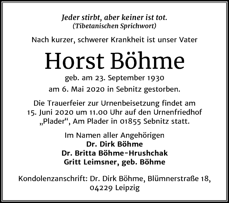  Traueranzeige für Horst Böhme vom 05.06.2020 aus Mitteldeutsche Zeitung Mansfelder Land