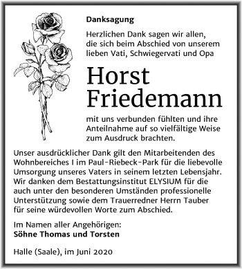 Traueranzeige von Horst Friedemann von Mitteldeutsche Zeitung Halle/Saalkreis