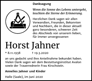 Traueranzeige von Horst Jahner von Mitteldeutsche Zeitung Halle/Saalkreis