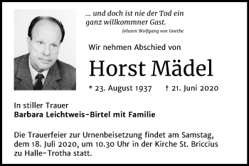 Traueranzeige von Horst Mädel von Mitteldeutsche Zeitung Halle/Saalkreis