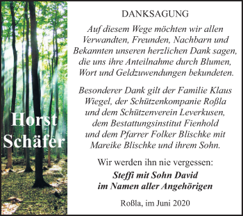 Traueranzeige von Horst Schäfer von Super Sonntag Sangerhausen