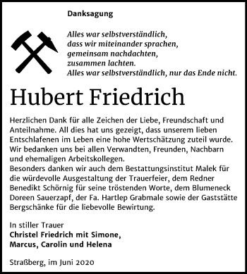 Traueranzeige von Hubert Friedrich von Super Sonntag Quedlinburg
