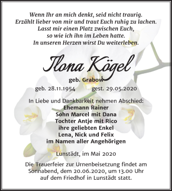 Traueranzeige von Ilona Kögel von Mitteldeutsche Zeitung Merseburg/Querfurt