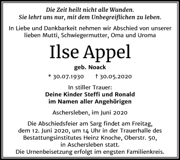 Traueranzeige von Ilse Appel von Mitteldeutsche Zeitung Aschersleben