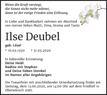 Traueranzeige von Ilse Deubel von Mitteldeutsche Zeitung Merseburg/Querfurt