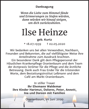 Traueranzeige von Ilse Heinze von Mitteldeutsche Zeitung Wittenberg