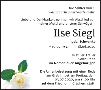 Traueranzeige von Ilse Siegl von Super Sonntag Bernburg