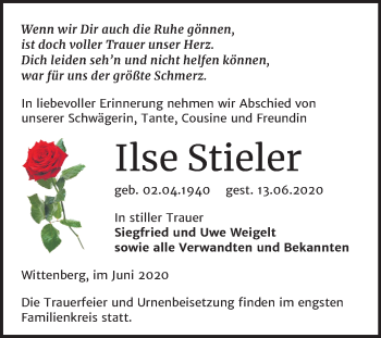Traueranzeige von Ilse Stieler von Mitteldeutsche Zeitung Wittenberg
