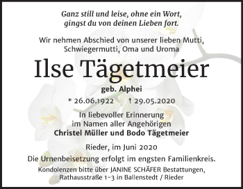 Traueranzeige von Ilse Tägetmeier von Super Sonntag Quedlinburg