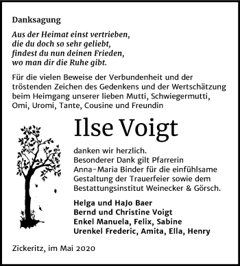 Traueranzeige von Ilse Voigt von Mitteldeutsche Zeitung Bernburg