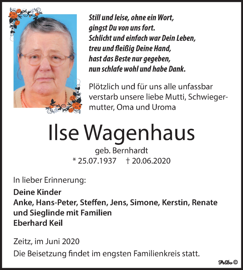  Traueranzeige für Ilse Wagenhaus vom 27.06.2020 aus Mitteldeutsche Zeitung Zeitz