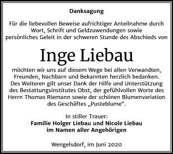 Traueranzeige von Inge Liebau von Mitteldeutsche Zeitung Weißenfels