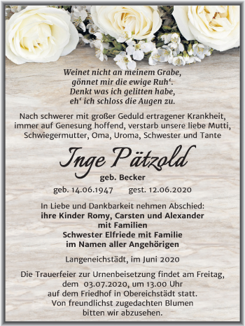 Traueranzeige von Inge Pätzold von Mitteldeutsche Zeitung Merseburg/Querfurt