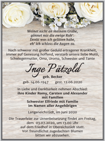 Traueranzeige von Inge Pätzold von Super Sonntag Merseburg/Querfurt