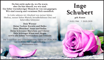 Traueranzeige von Inge Schubert von Mitteldeutsche Zeitung Bitterfeld