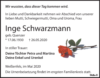 Traueranzeige von Inge Schwarzmann von Wochenspiegel Weißenfels