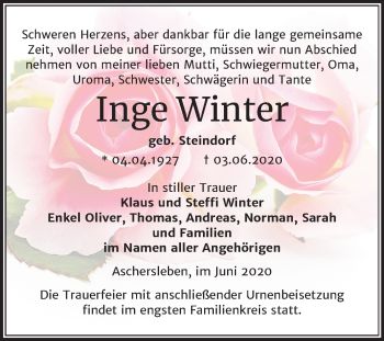 Traueranzeige von Inge Winter von Mitteldeutsche Zeitung Aschersleben