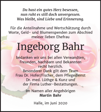 Traueranzeige von Ingeborg Bahr von Mitteldeutsche Zeitung Halle/Saalkreis
